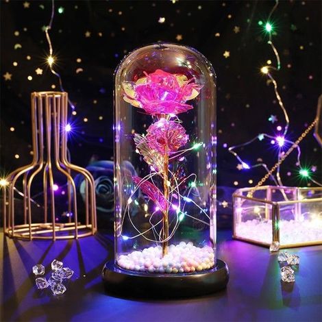 Lampe LED Rose éternelle en feuille de verre, décoration pour la maison, chambre à coucher, Roses rouges colorées (1/4)