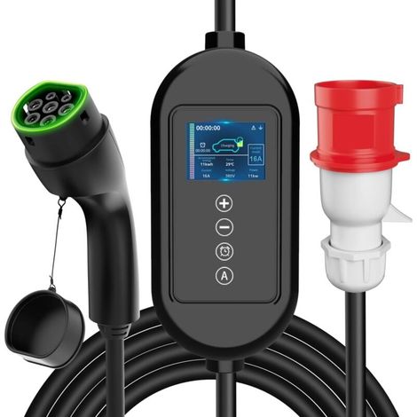 EV Chargeur 7.5M 11 KW-16A Type 2 avec Prise CEE Triphasée,station de Charge Voiture Electrique Portable Courant Réglable de 8-16A,Étanche IP66, IEC 62196-2 (1/4)