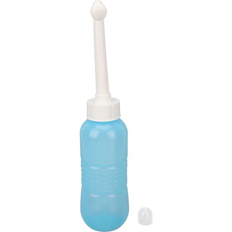 Bouteille bidet portable 450ML bleue, soin post-partum, poche à eau pour camping et voyage, avec sac de rangement et tête coudée, hygiène intime pratique. (1/5)