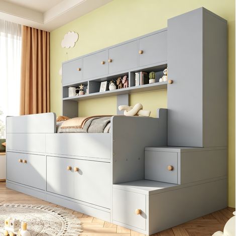 Lit mezzanine enfant 90 x 200 cm gris avec rangements, échelle-coffre, penderie, étagères et éclairage LED multicolore, barrières de sécurité – pour chambre d’enfant - CHICFURN (1/5)