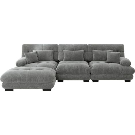 Divano angolare modulare a L con pouf in ciniglia grigia 313 x 145 x 81 cm (1/5)