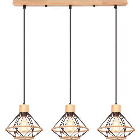 3 Lampes Suspension Métal Bois E27 Design Industriel Rétro Pour Salon Cuisine Chambre (1/5)