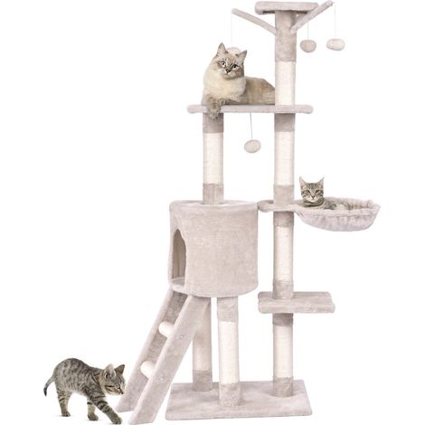 Arbre à chat multi-niveaux 93 x 36 x 140 cm avec 6 niveaux confort et griffoirs en sisal beige