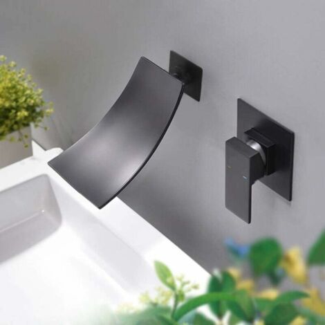 Robinet Mitigeur Murale Lavabo Mélangeur Salle De Bain Avec Cascade Bec Extra-large Robinet Encastré Une Poignée Mitigeur Lavabo Robinet Baignoire Robinet Mural CachéDans Le Mur (black) (1/5)