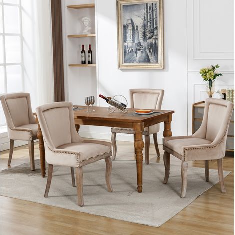 Sedia da pranzo imbottita beige in velluto con struttura in legno massiccio, H 91 cm (1/5)
