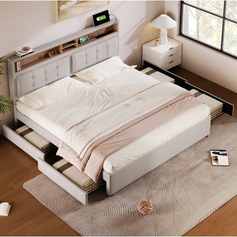Letto imbottito in lino beige chiaro 140x200 cm con 4 cassetti, testiera regolabile e prese USB-C (1/5)
