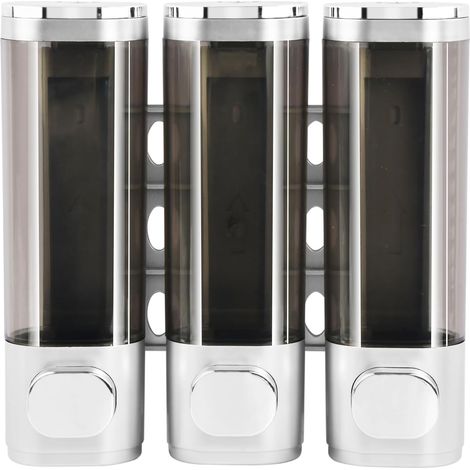 Set di 3 dispenser di sapone liquido da doccia a parete, non richiedono foratura, per bagnoschiuma, shampoo, balsamo, lozione, 3 x 300 ml (argento)