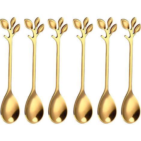 Lot de 6 cuillères à dessert dorées avec motif feuille – Cuillères de luxe en acier inoxydable pour glaces, café et thé (1/5)
