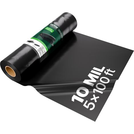 VEVOR 10 Mil Plastic Sheeting Heavy Duty 5' x 100', Thick Plastic Sheeting Roll, Plastic Drop Cloth Painters Tarp, Polyethylene Covering for Crawl Space Vapor Barrier, Multi-Purpose, Black (1/5)