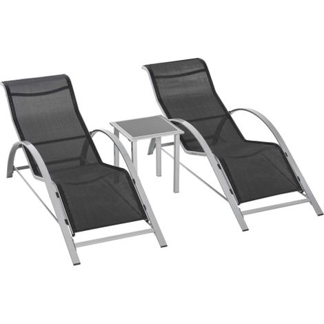 3-tlg Gartenliege mit Tisch Gartensitzgruppe Metall Mesh Schwarz, 2 Sessel & 1 Tisch, ideal für Terrasse & Balkon