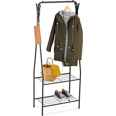 Relaxdays Perchero Burro Metálico con 2 Baldas, 4 Ganchos, Colgador para Ropa, 158 x 60 x 33 cm, Mueble Entrada, Negro