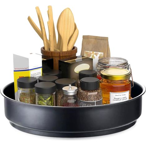 Lazy Susan Assiette de cuisine rotative à 360 degrés en acier inoxydable avec plateau à épices rotatif 31 cm (noir) (1/5)