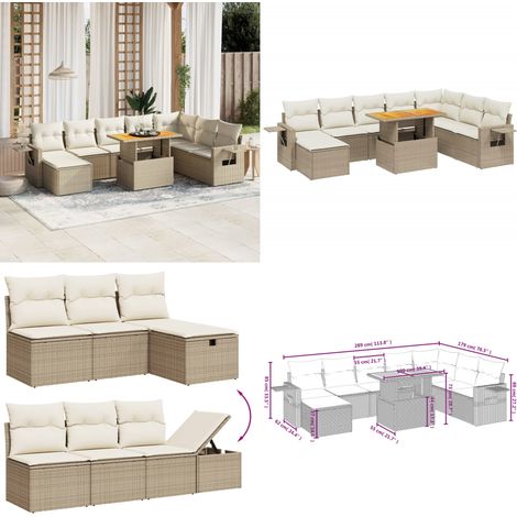 Salon de jardin avec coussins 9 pcs beige résine tressée - Ensemble Salon De Jardin - Mobilier Extérieur - Jardin Design - Chaise Lounge - Table Extensible - Home & Living