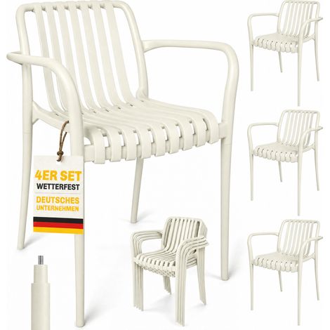Ensemble de 4 chaises de jardin empilables avec accoudoirs à lattes, ergonomiques, blanc crème (1/5)