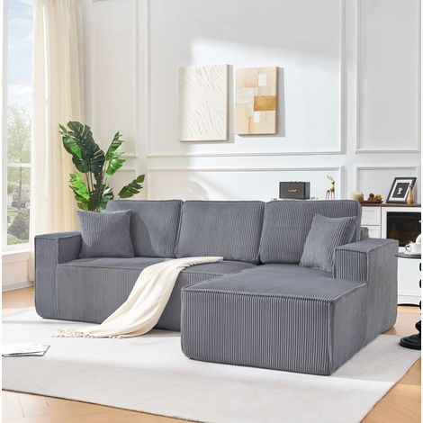 Sofá rinconero en L de terciopelo acanalado gris, modular, 2 plazas con chaise longue, OKWISH (1/5)