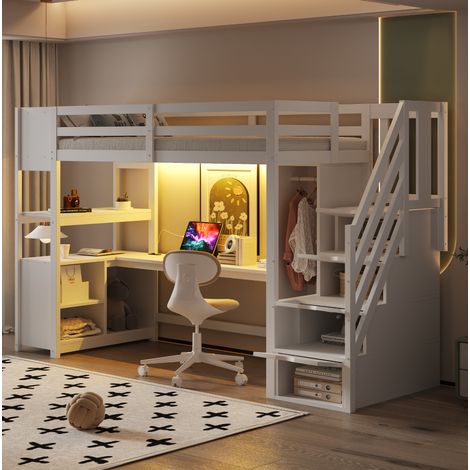 Letto rialzato bambini 90x200 cm con scrivania, armadio, scala contenitore, testiera portaoggetti, ripiani, prese e LED, bianco, materasso non incluso (1/5)