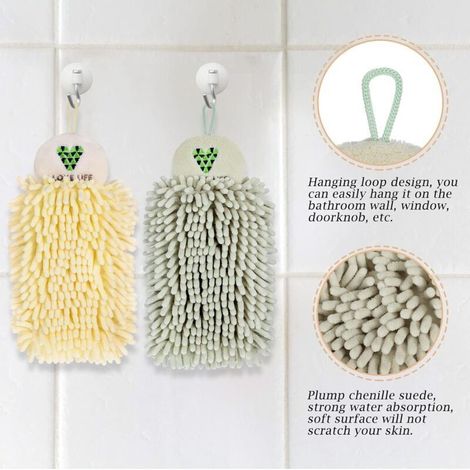 ALLIANDISLot de 4 serviettes à main en chenille à suspendre avec boules pelucheuses, serviettes à main en chenille pour salle de bain, serviettes à boules pelucheuses, beige et vert clair