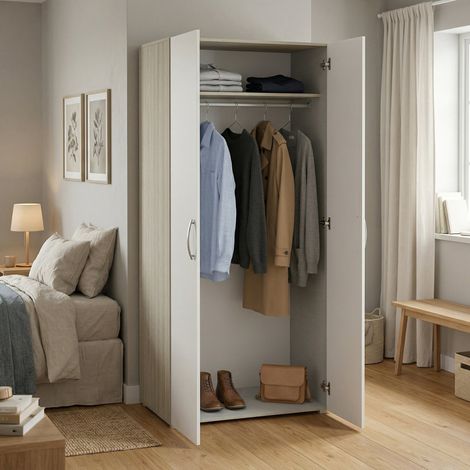 Dmora - Armario 2 puertas Loire, Muebles de dormitorio, Vestidor, Armario de ropa, 79x52 h166 cm, Roble y Blanco mate (1/5)