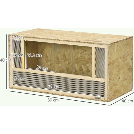 Terrarium en bois pour reptiles avec porte coulissante en verre et panneau grillagé, 40 x 80 x 40 cm (1/5)