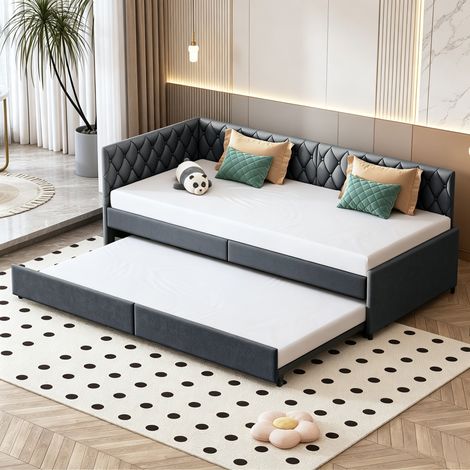 Canapé-lit double 90×200cm, lit rembourré avec cadre de lit extensible, lit gigogne 2 en 1 , style moderne, Sommier à lattes, lit adulte, lit ados,Velours,Gris