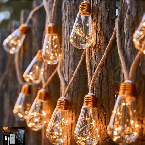 Guirlande Lumineuse Exterieure, Guirlande Guinguette Solaire avec 16 Ampoules, Corde de Chanvre 8M,Télécommande et Chargement USB (1/5)