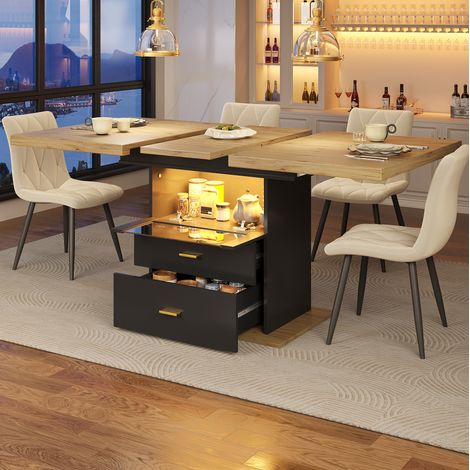 Ausziehbarer Esstisch 110/140x80x75 cm Holzoptik MDF und Metall mit LED-Beleuchtung und 2 Schubladen (1/5)
