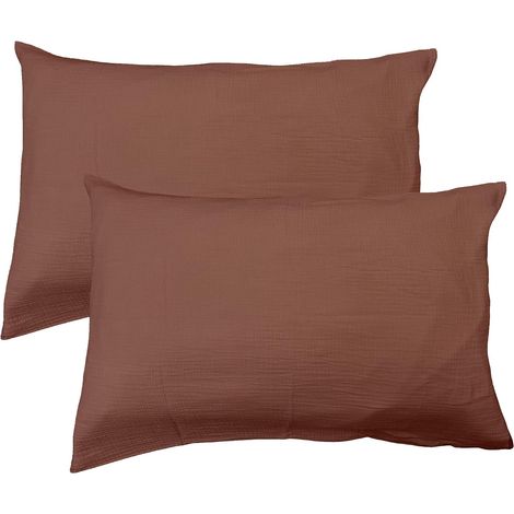 Taies d'oreiller Unies Double Gaze DE Coton 50x70cm 100% Coton de qualité supérieure Oeko-TEX Taies d'oreiller 50x70cm Chocolat (1/5)