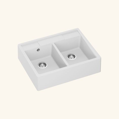 Kümbad – Évier timbre d'office granit blanc grisé mat – 80x63 cm – 2 bacs – Pose à poser – Vidage manuel – Bonde incluse (1/5)