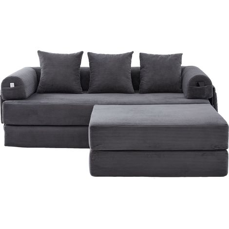 Canapé modulaire compressé en velours côtelé avec pouf, cadre métallique stable, poche latérale et 3 coussins confortables – rembourrage extra épais pour plus de confort, combinable librement et polyv (1/5)