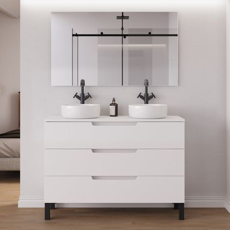 Meuble de salle de bain 120cm avec plateau et 2 vasques à poser rondes - 3 tiroirs - blanc mat - RIZA (1/5)