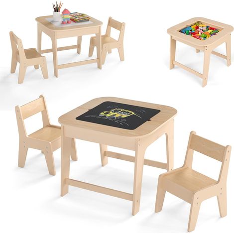 COSTWAY 3 en 1 Table Enfant en Bois avec 2 Chaises & Tableau Noir & Blanc, Table d'Activités Enfant avec Espace de Rangement Caché, Charge 30kg pour Jouer Lire pour Tout-Petits de 3-6 Ans (Naturel) (1/5)