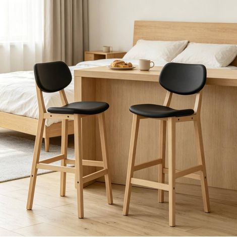Lot de 2 tabourets de bar noirs en similicuir et bois avec dossier (1/5)