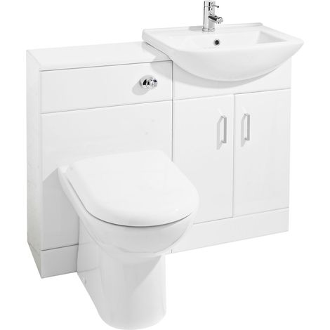 Cloakroom Furniture Pack - Cabinet, Square Basin, WC Unit, Concealed Cistern, Back to Wall Pan and Soft Close Seat - Gloss White (1/2)