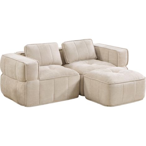 Sofá modular en L de 2 plazas con chaise longue y ottoman, poliéster beige, sin montaje (1/5)