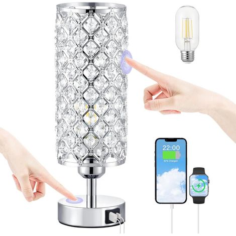 Touch-Lampe, silberne Tischleuchte mit USB-C- und USB-A-Anschlüssen, moderne Nachttischlampe mit 3 Helligkeitsstufen, Schlafzimmerlampe oder Akzentlampe