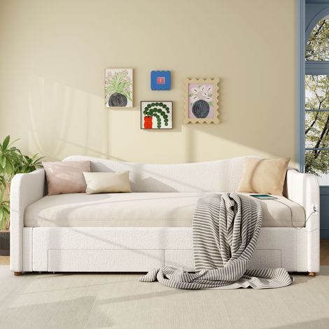 Lit capitonné méridienne canapé-lit avec 2 tiroirs, 90 x 200 cm (extensible 180 cm), port USB, tissu bouclé beige, convertible salon (1/4)