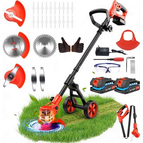 Debroussailleuse Electrique sans Fil 4 in 1, Debroussailleuse Batterie avec 2 Batteries 2,0 Ah, Chargeur et Roues Amovibles, Coupe Bordure sans Fil avec Batterie pour Tondre Le Jardin et la Pelouse. (1/5)