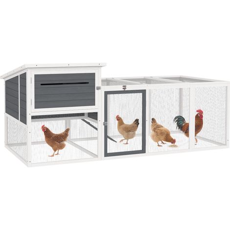 Pollaio esterno con casa, nido, tetto impermeabile, vassoio rimovibile, porte, legno, per 2-4 galline e conigli, 214x101x91,5 cm, grigio
