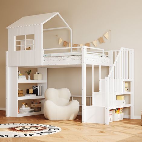 Cama alta 90 x 200 cm estilo casita con escalera de almacenaje reversible blanca DESVIAE (1/5)