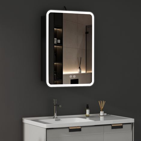 Spiegelschrank Bad mit LED Beleuchtung Schwarz Spiegelschrank mit Beleuchtung Metall Badezimmerschrank mit Dimmbar, Beschlagfrei und Verstellbare Glasablage (50 x 70 x 12,5 cm)