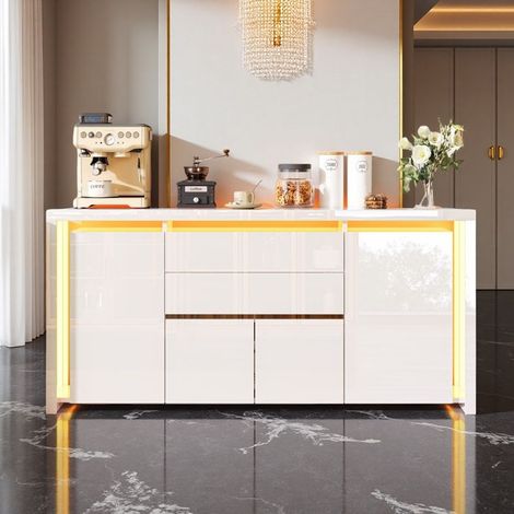 Skandinavischer Buffet - 160 cm - Hochglanz Weiß - LED 7 Farben - 4 Türen, 2 Schubladen