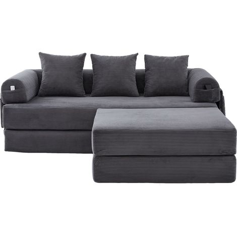Sofá modular de pana gris oscuro con puf, estructura metálica, bolsillo lateral y 3 cojines (1/5)