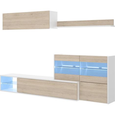 Ensemble séjour de 4 éléments coloris Blanc Brillant /Naturel + Eclairage LED -PEGANE-
