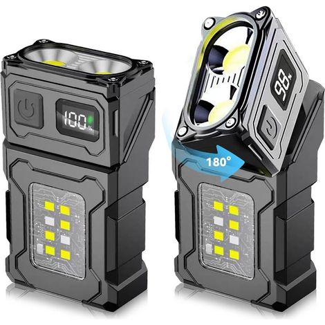 2 Lampes de poche rotatives 180°, LED 800 lm, double éclairage, recharge USB-C, clip acier inoxydable, aimants, étanche, powerbank (1/5)