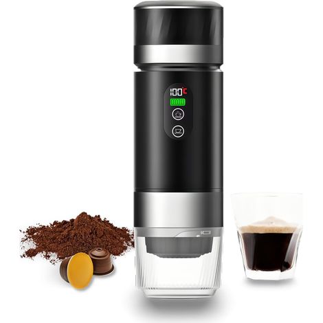 Machine à café électrique portable 3 en 1 pour infusion chaude et froide avec affichage numérique pour camping, maison, bureau, voiture (noir) (1/5)