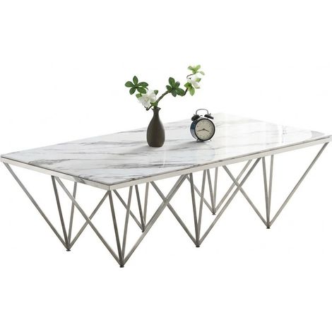 Table Basse GIZE Rectangle Plateau Verre Trempé Marbré Blanc Pieds Chrome 130x70x42cm (1/5)