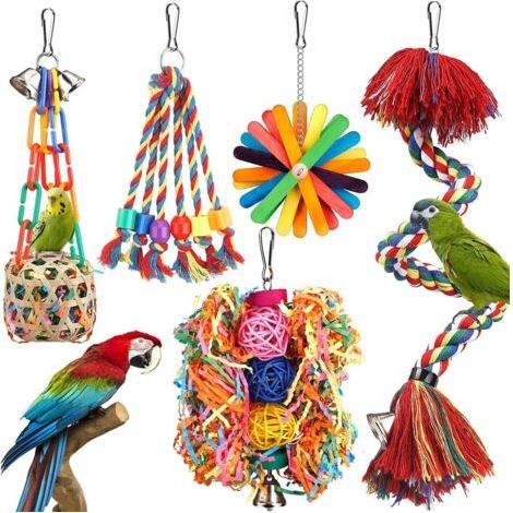 Jouets pour oiseaux perchoir en corde avec clochette colorée pour oiseaux à mâcher, déchiquetage, perroquet, balançoire, escalade, jouets à suspendre pour cage à oiseaux, accessoires pour conures, (1/5)