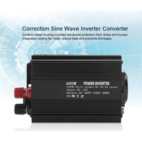 Convertisseur 12V vers 220V - Onduleur onde sinusoïdale pure - Pour panneaux solaires - 600W crête / 350W continu - Aluminium (1/4)