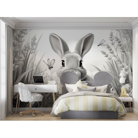 Papier Peint Noir et Blanc - Lapin Curieux - 150 x 250 cm (1/2)
