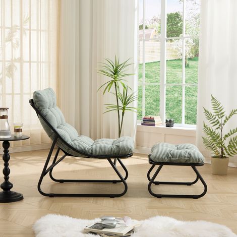 Chaise Lounge de Jardin avec Pouf, Fauteuil Inclinable Confortable à Sangle, Coussin Moelleux et Repose-Pieds, Idéal Salon, Chambre, Coin Lecture, Cadre Noir et Coussin Vert Clair (1/5)